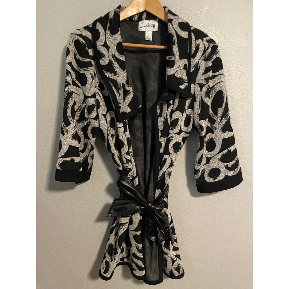 Joseph Ribkoff Veston Jacket Womens 12 Belted Black Gray Abstract 3/4 Sleeve